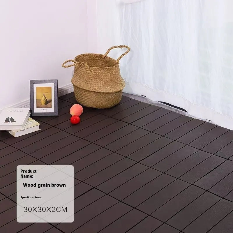 Ten wood grain plastic floor tiles showing non-slip surface and splicing edges.