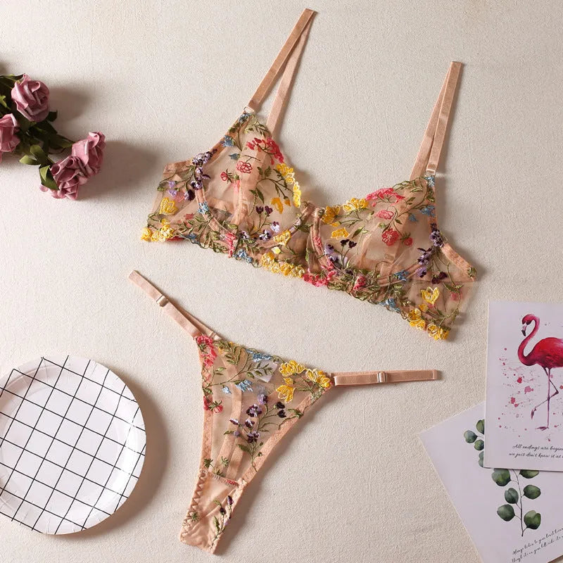 Women's floral mesh bra with steel ring T-back design and matching brief in five colour options