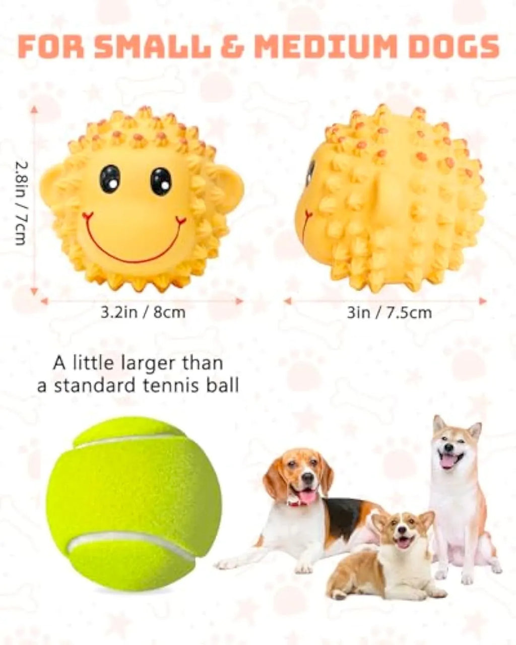 Orange and yellow spiky latex dog toy with animal design for small medium breed teeth cleaning