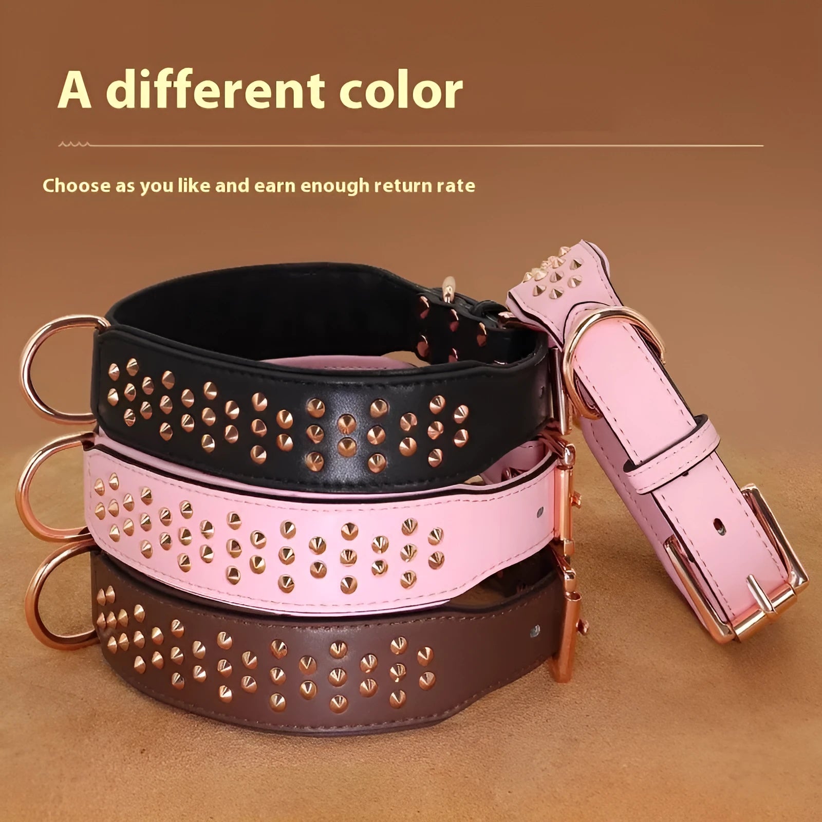 Leather dog collar with visible rivets in black, chocolate or pink for medium to large breeds