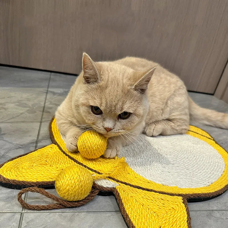 Yellow cat scratching board with Corgi designs measuring 37x40cm with sisal surface
