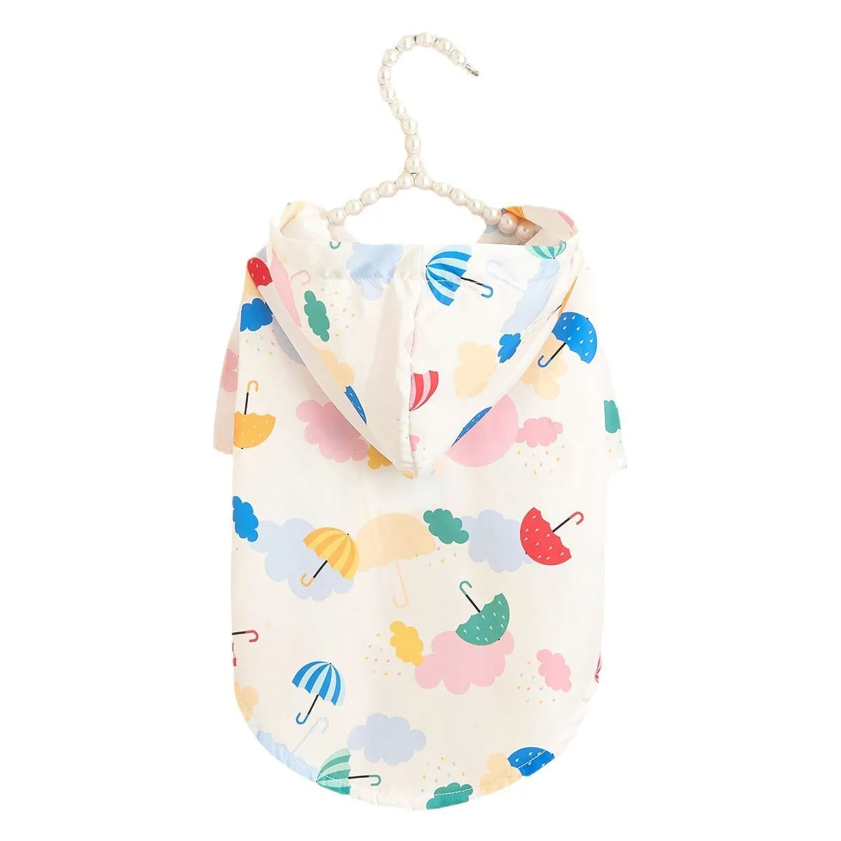 Colourful cartoon umbrella pattern dog raincoat in polyester material, shown in size L.
