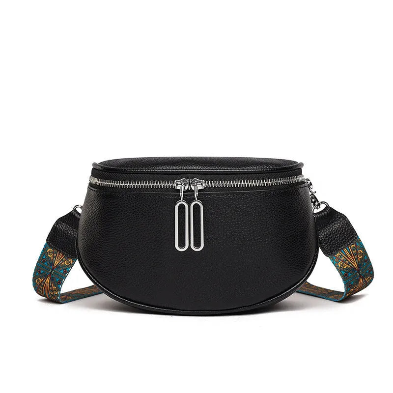 Women's soft PU leather casual messenger bag in saddle shape with single strap, shown in green colour.