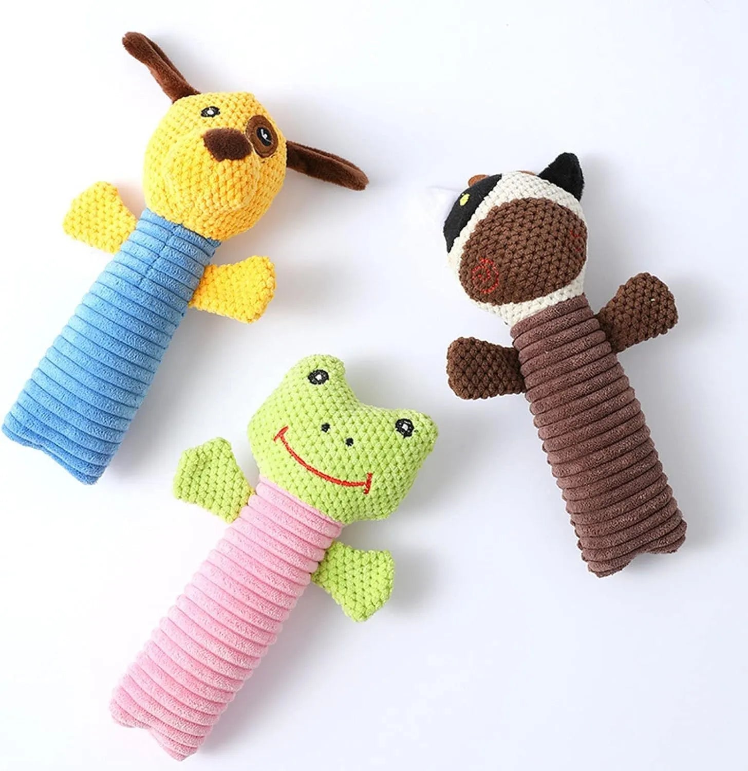 Soft plush dog squeaky toy in stuffed animal shape for dental cleaning chew.