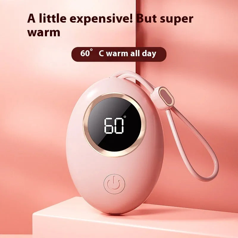 USB-powered hand warmer with digital display showing battery level and heat settings