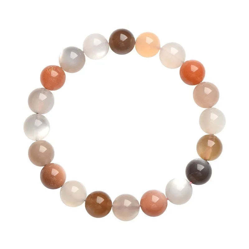 Natural moonstone bracelet with colourful light variation showing 8mm beads in single circle configuration