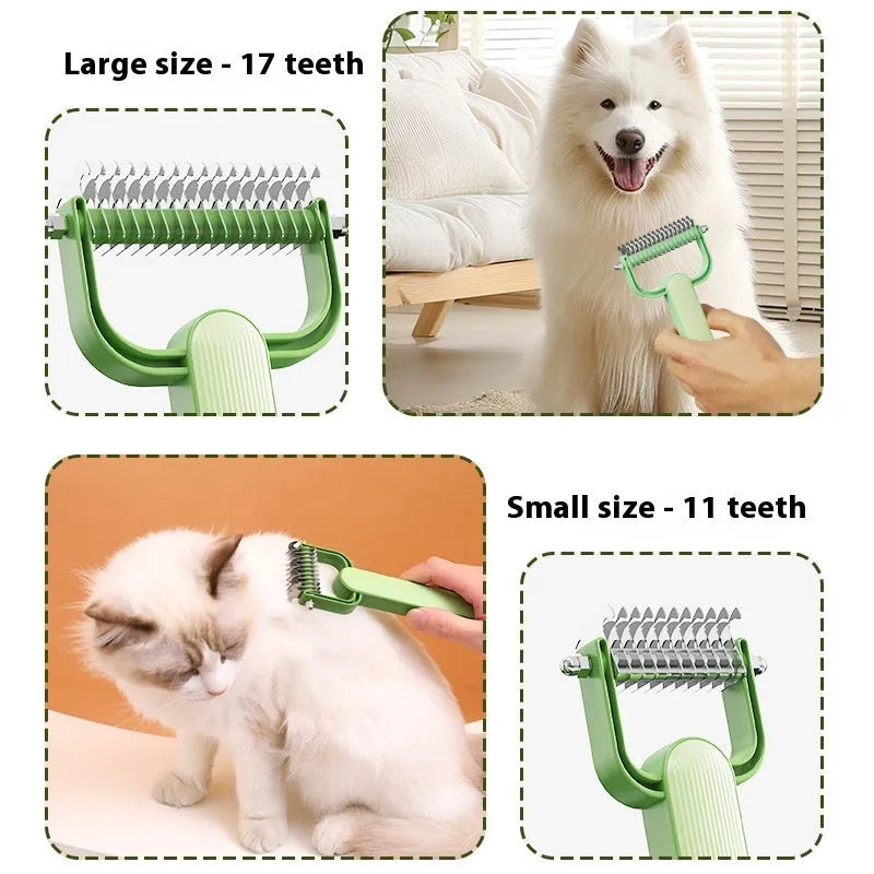 Green or grey dog grooming comb with stainless steel teeth for unknotting pet hair