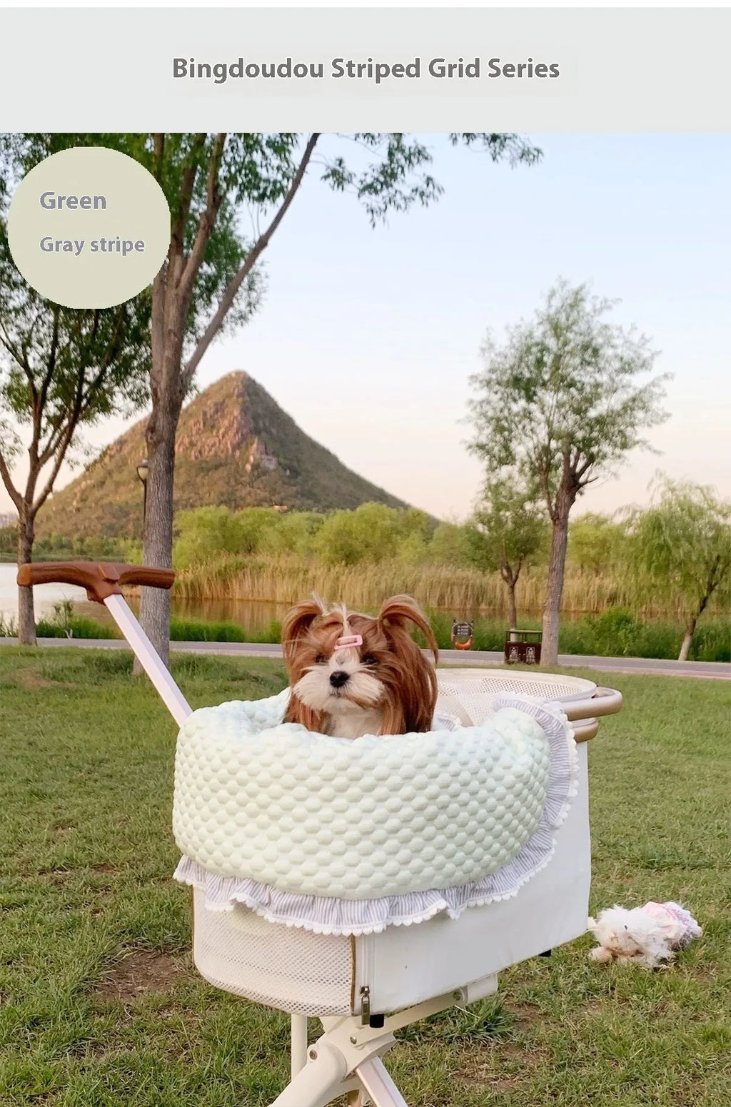 Pure cotton pet stroller three-piece set showing anti-dirty towel, cushion, and pillow in blue green apple pattern