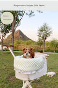 Pure cotton pet stroller three-piece set showing anti-dirty towel, cushion, and pillow in blue green apple pattern