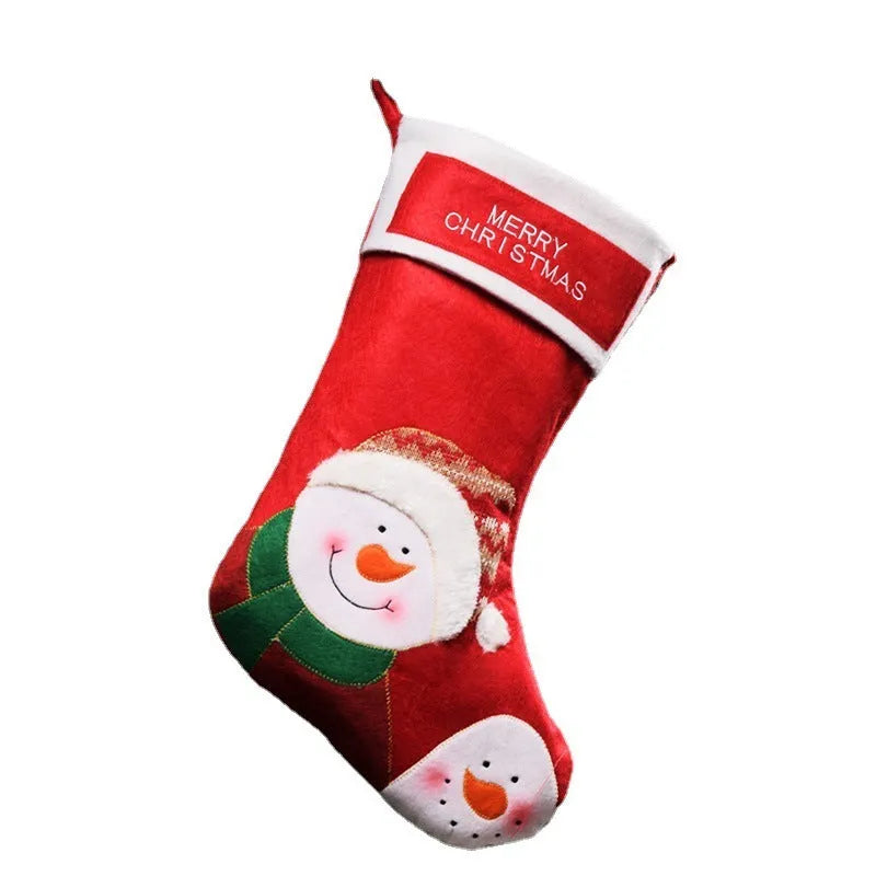 Christmas stocking with elderly snowman and elk decorative designs in non-woven fabric