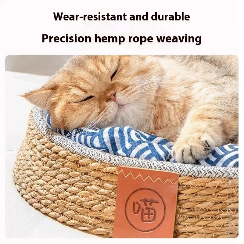 Rattan woven cat nest bed for pets, shown in size L for large cats.