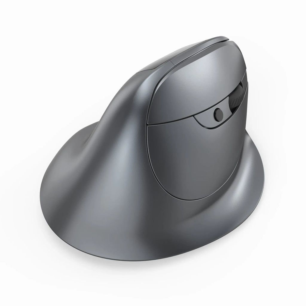 Grey vertical ergonomic mouse with Bluetooth and wireless charging capabilities