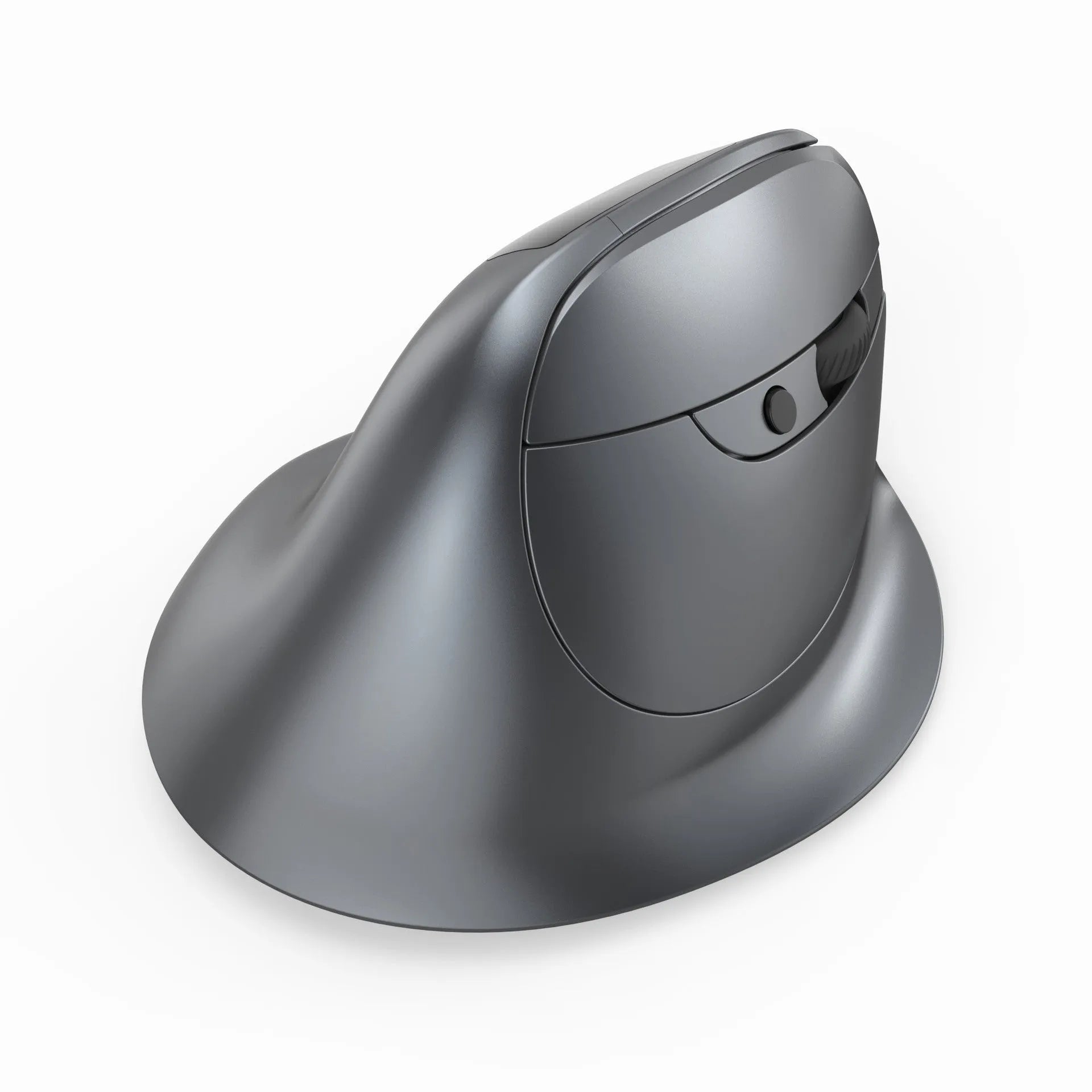 Grey vertical ergonomic mouse with Bluetooth and wireless charging capabilities