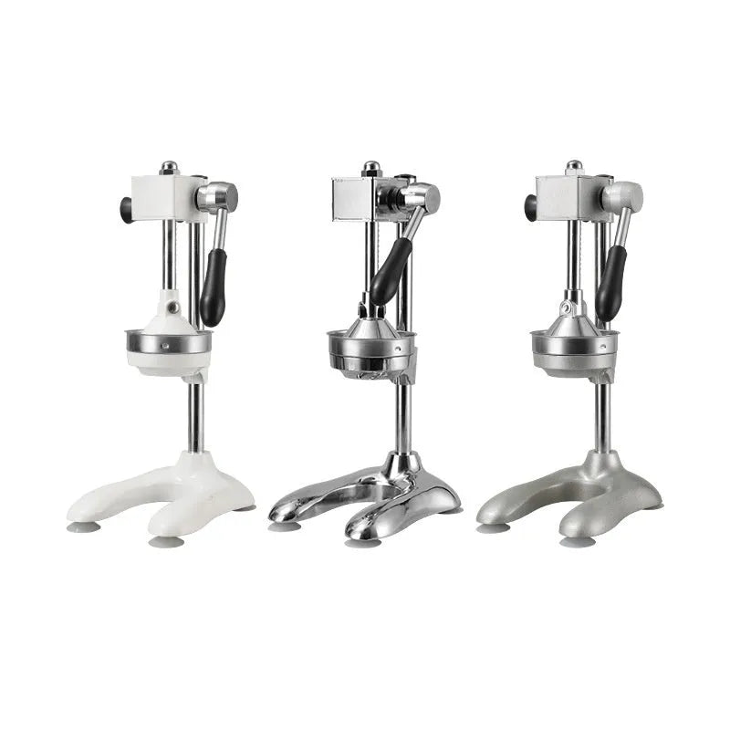 Vertical stainless steel manual juicer showing colour and head type options: pointed, flat, and double-headed.