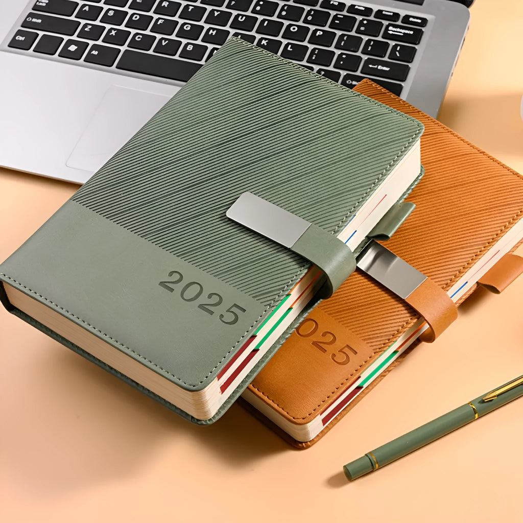 A4 business notepad with striped PU leather cover showing bean green colour option open to reveal lined pages