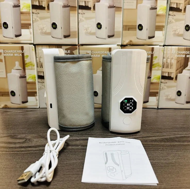 Grey and white car charger milk warmer for infant bottles with 12V power connection