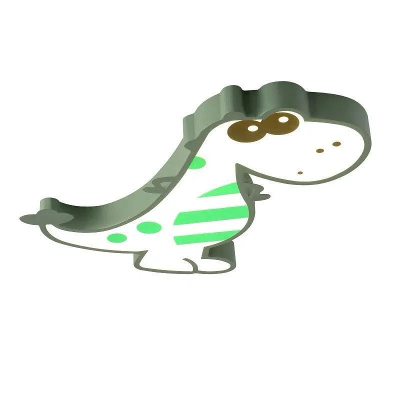 48cm wide ceiling light with a cartoon dinosaur print on a white PVC shade and a silver aluminium body.