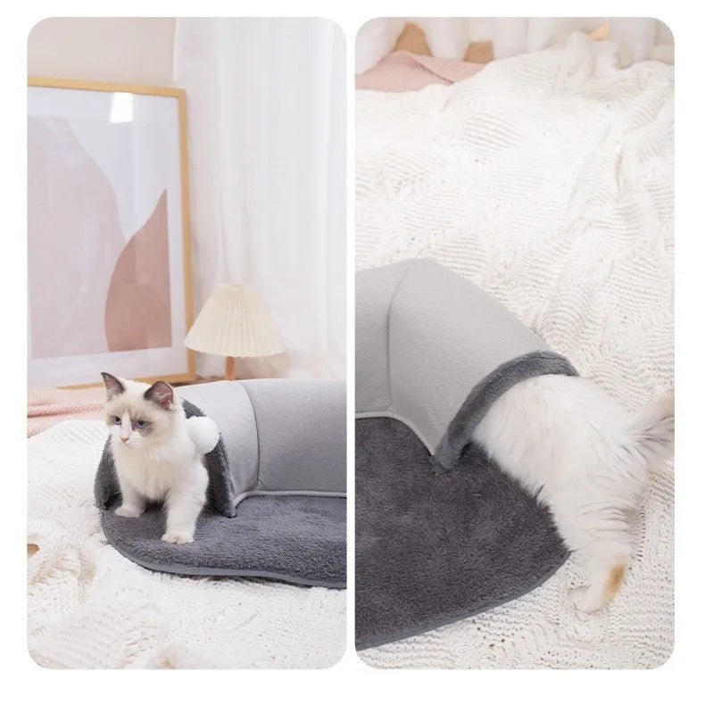 Oval cat tunnel nest in artificial leather and cotton velvet, small size 65x49x17cm