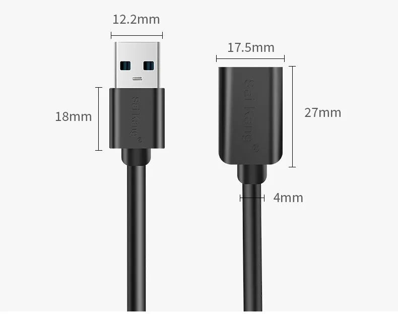 Black USB male to female extension cable showing connectors, available in multiple lengths from 1 to 5 metres.