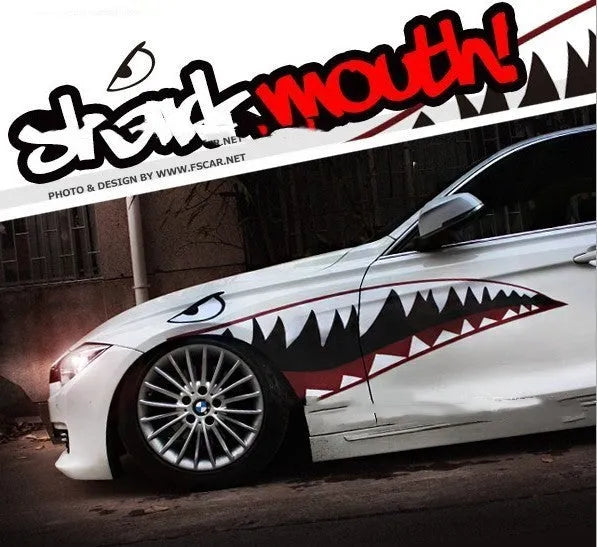 Shark design PVC car body sticker shown on a vehicle door, available in two large size options.
