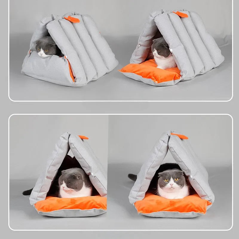 Blue triangular cat bed with drilled connection holes and removable cotton cover