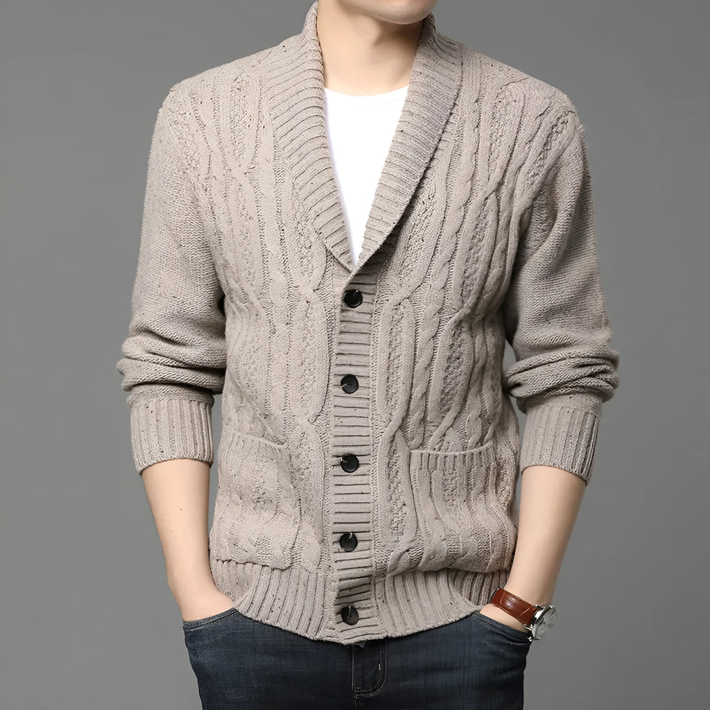 Men's black Korean style jacquard cardigan jacket with straight cut for autumn and winter.