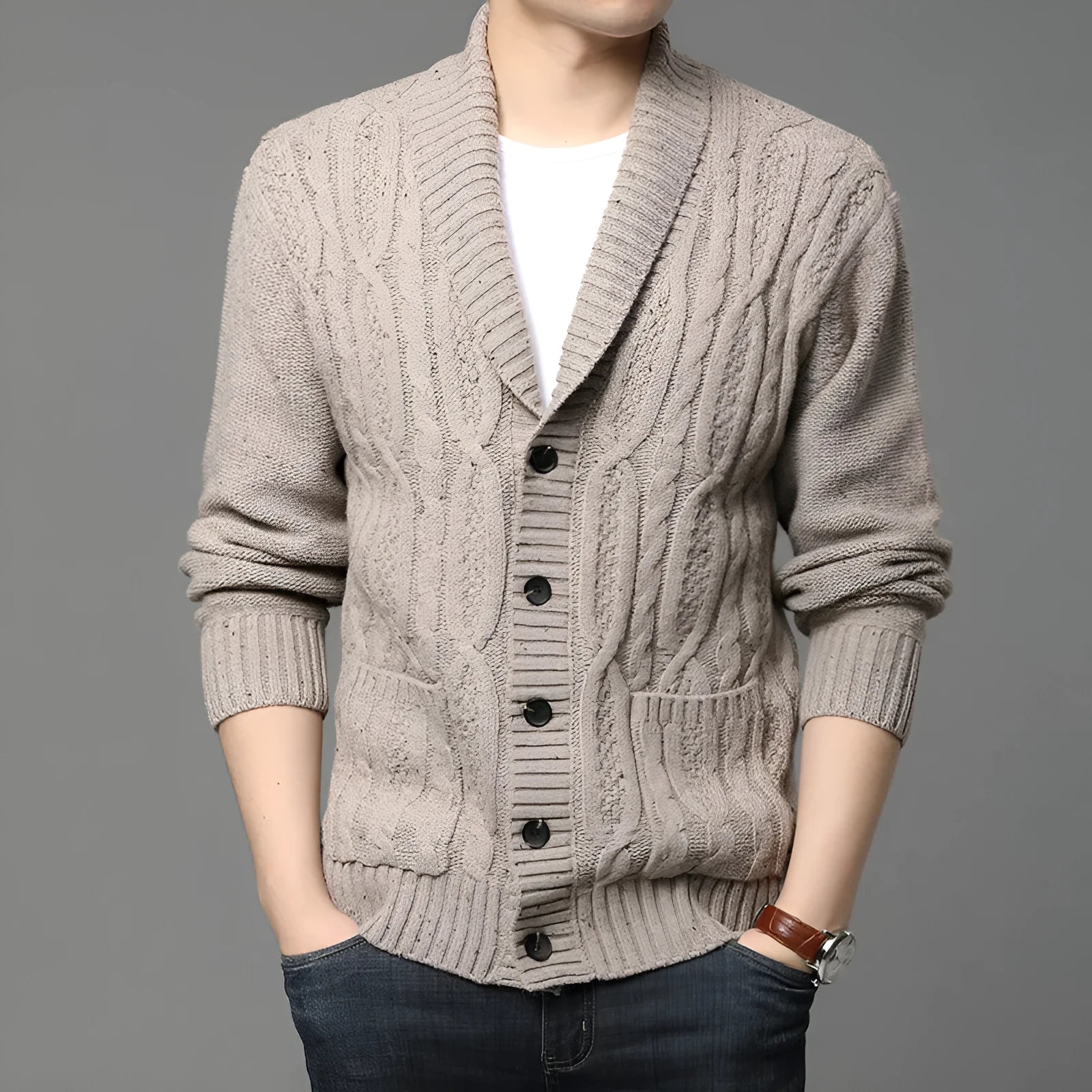 Men's black Korean style jacquard cardigan jacket with straight cut for autumn and winter.