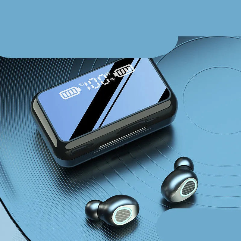 R15 TWS Bluetooth binaural in-ear headset with charging cabin, black finish, showing magnetic nano charging contacts
