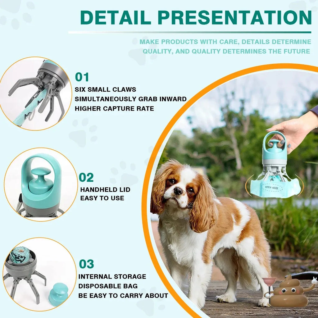 Blue ABS plastic pet pooper scooper with claw design and built-in bag dispenser