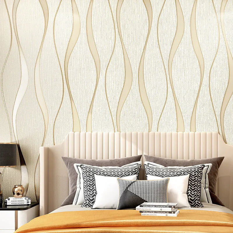 Curve stripe 3D background wallpaper roll in light grey and dark brown deerskin velvet finish.