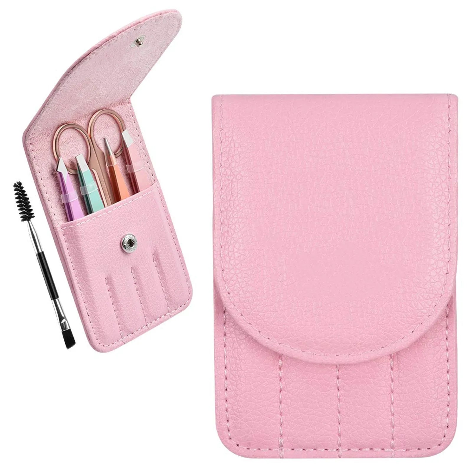 Professional stainless steel eyebrow tweezer set with curved scissors in a leather case