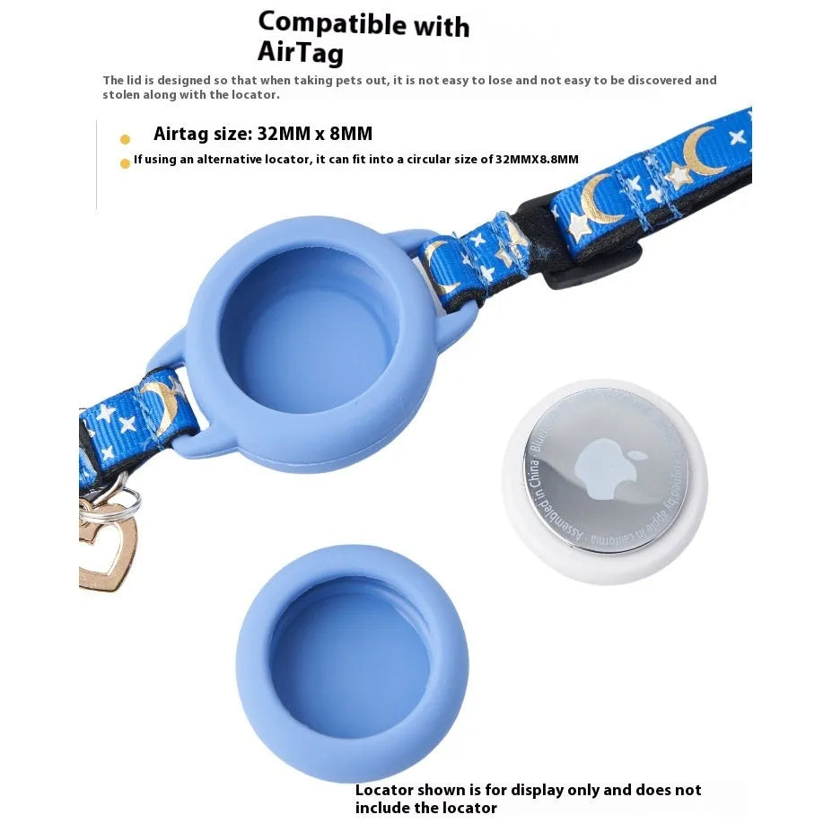 A pink plastic AirTag protective case for a cat collar, shown alongside a blue one, both with adjustable straps.