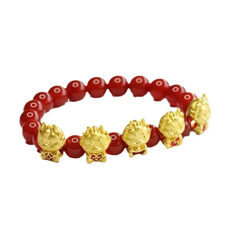 Natural red agate bracelet with Five Blessing Dragon design Chinese style jewellery 8mm diameter