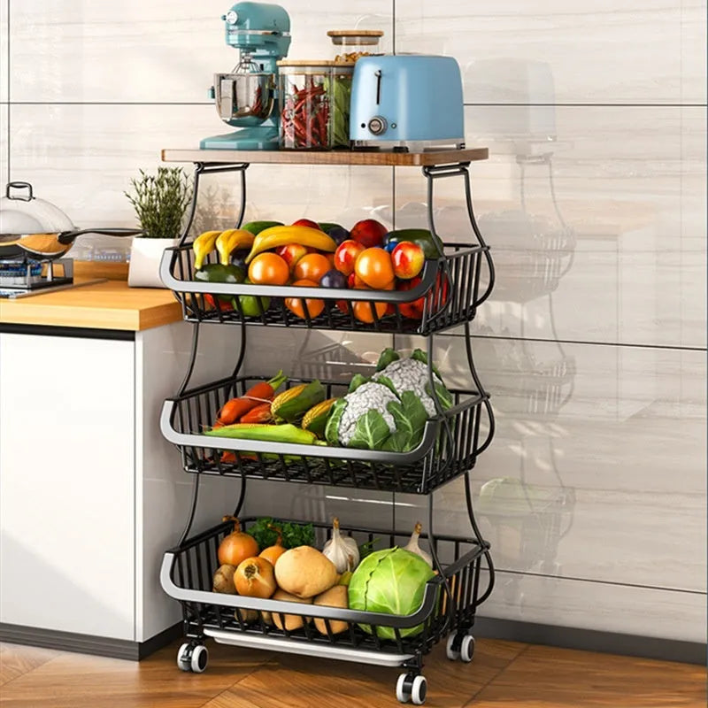 Black six-layer foldable kitchen storage rack with carbon steel frame on castors
