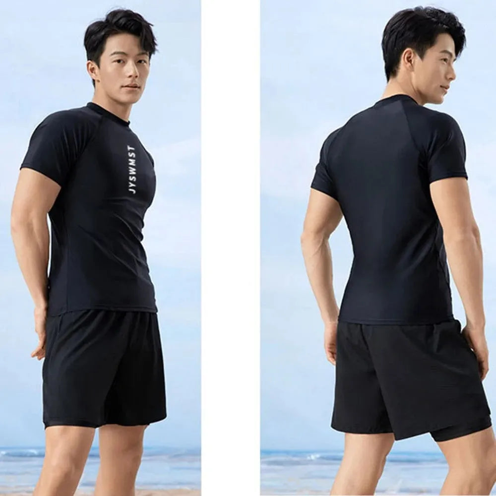 Men's plus size two-piece swim set with vest and trunks in polyester fabric.