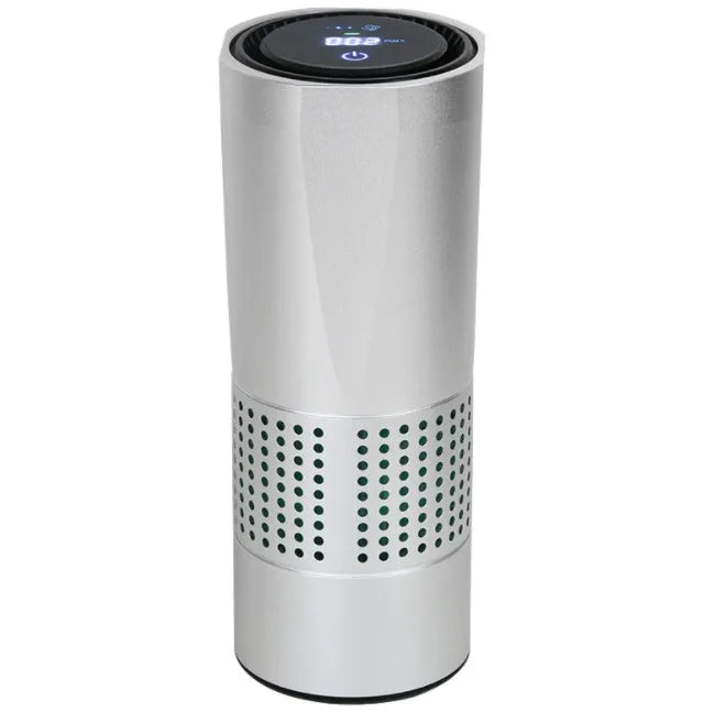 Aluminium alloy car air purifier with USB cable, negative ion generator, and air quality display.