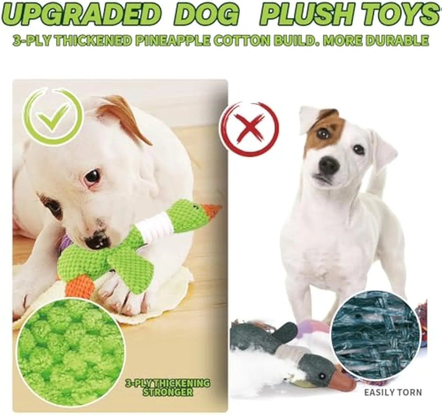 Blue durable plush duck dog toy with squeakers for large breed chewing and play.