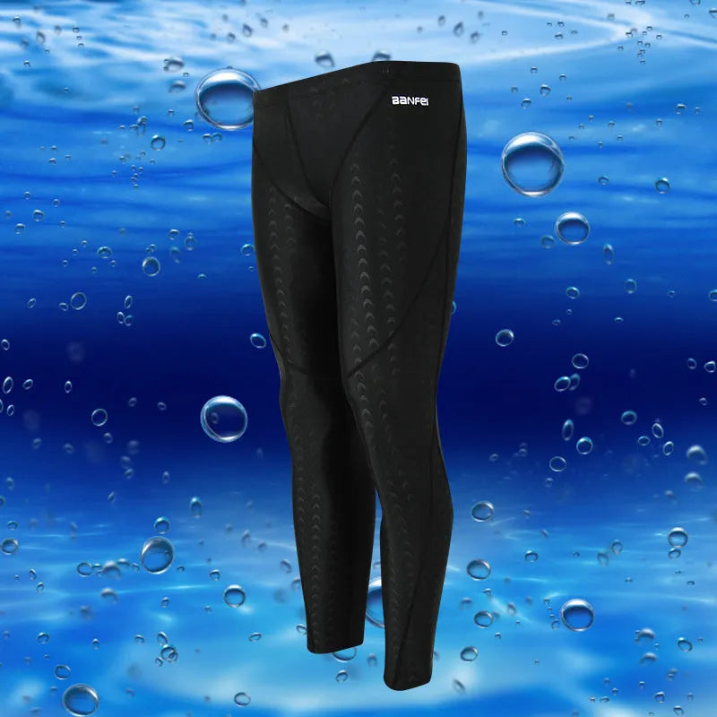 Men's nylon cropped swimming trunks in black with coloured lines suitable for swimming and cycling