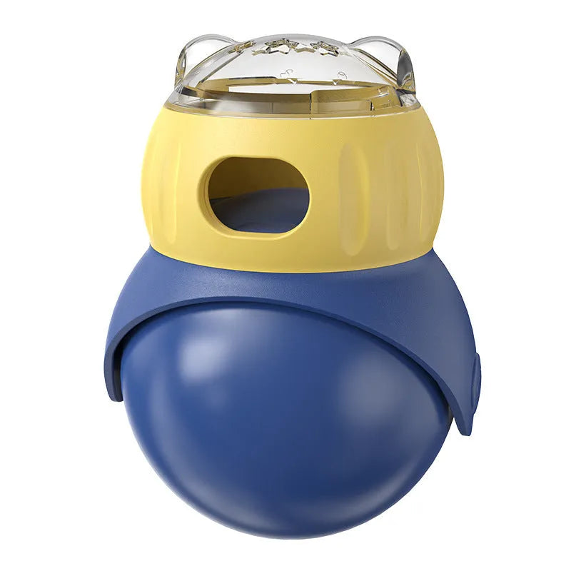 Owl-shaped plastic tumbler cat puzzle toy in Morandi yellow and blue colours for self-service feeding