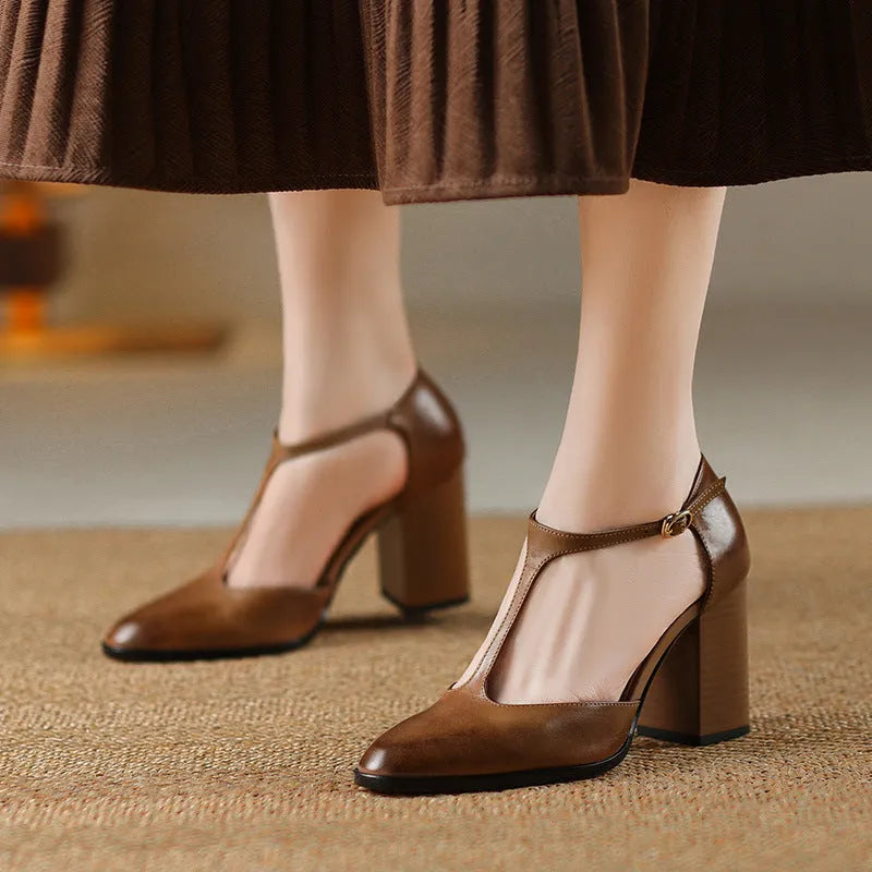 Baotou hollow women's shoes in pink and dark brown, showing pointed toe Mary Jane style with buckle.