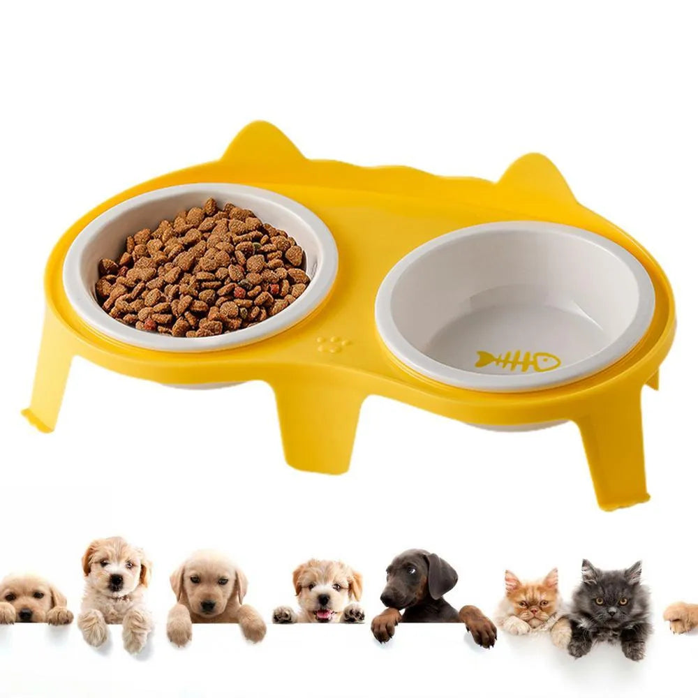 Blue ceramic cat bowl set on white elevated stand with hook, showing tilted food and water dishes.