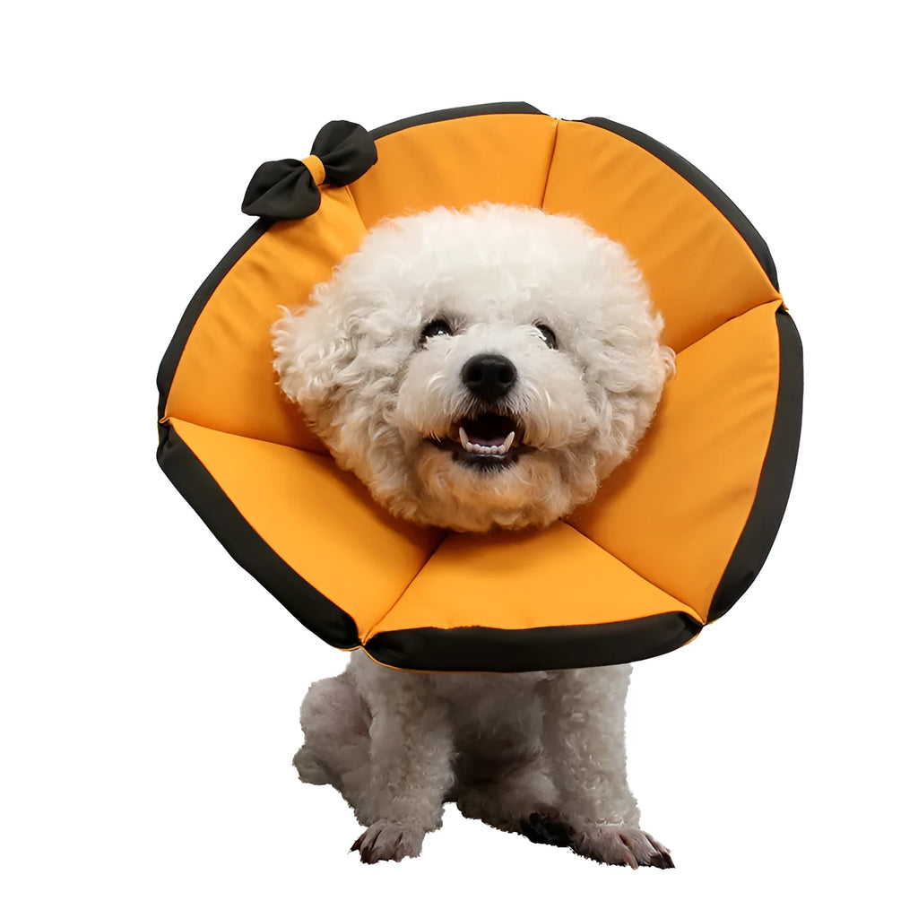 Soft cloth dog recovery collar in yellow on a white background, showing Elizabeth Circle design for post-surgery care
