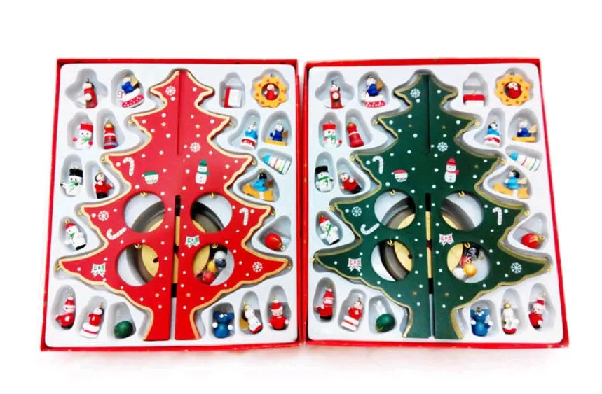 Hand-painted wooden Christmas tree decoration in red and green colours on desktop