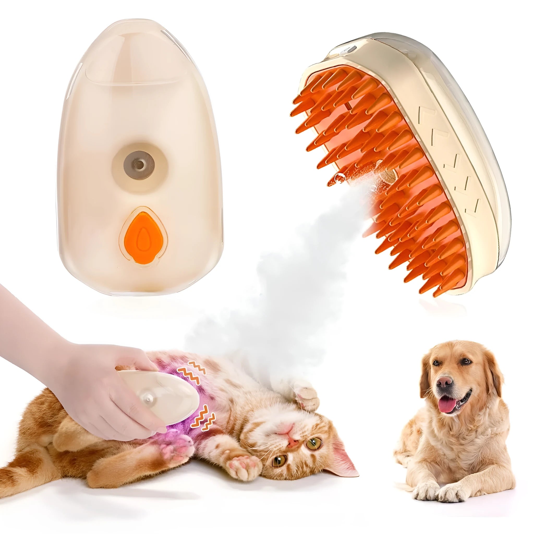 Yellow 4-in-1 cat steam brush with silicone teeth and ringworm detector for pet grooming