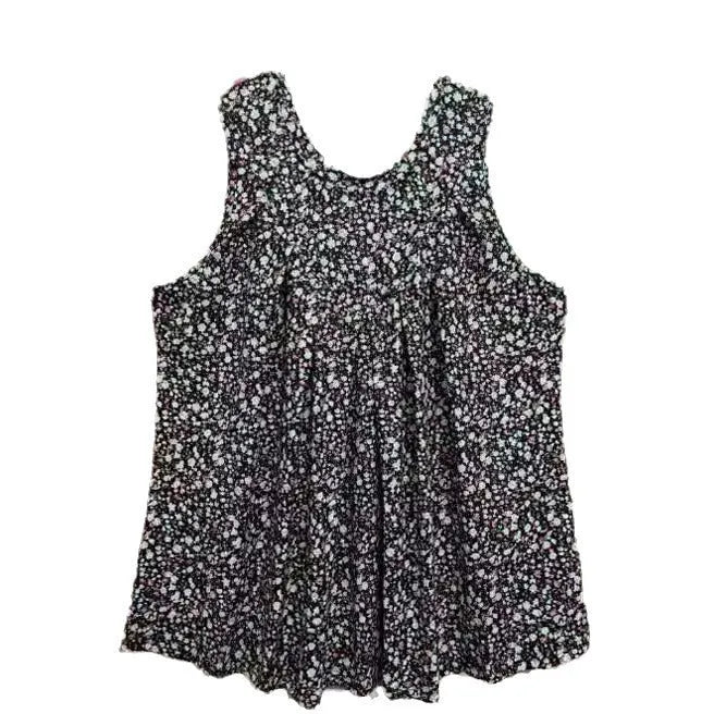 Black plus size women's floral print sleeveless vest with round neck on a hanger.