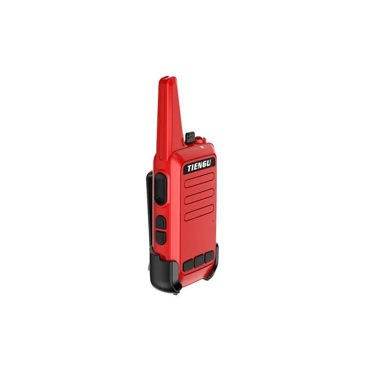 TIENGU black wireless handheld radio with LED flashlight, USB port, and back clip on a white background