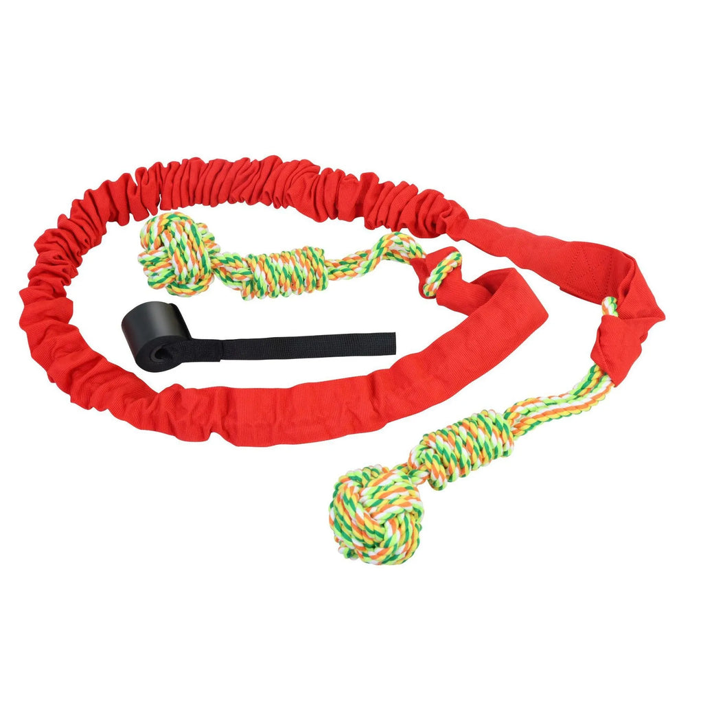 A black, grey, and red cotton rope dog tug toy for chewing and interactive play.