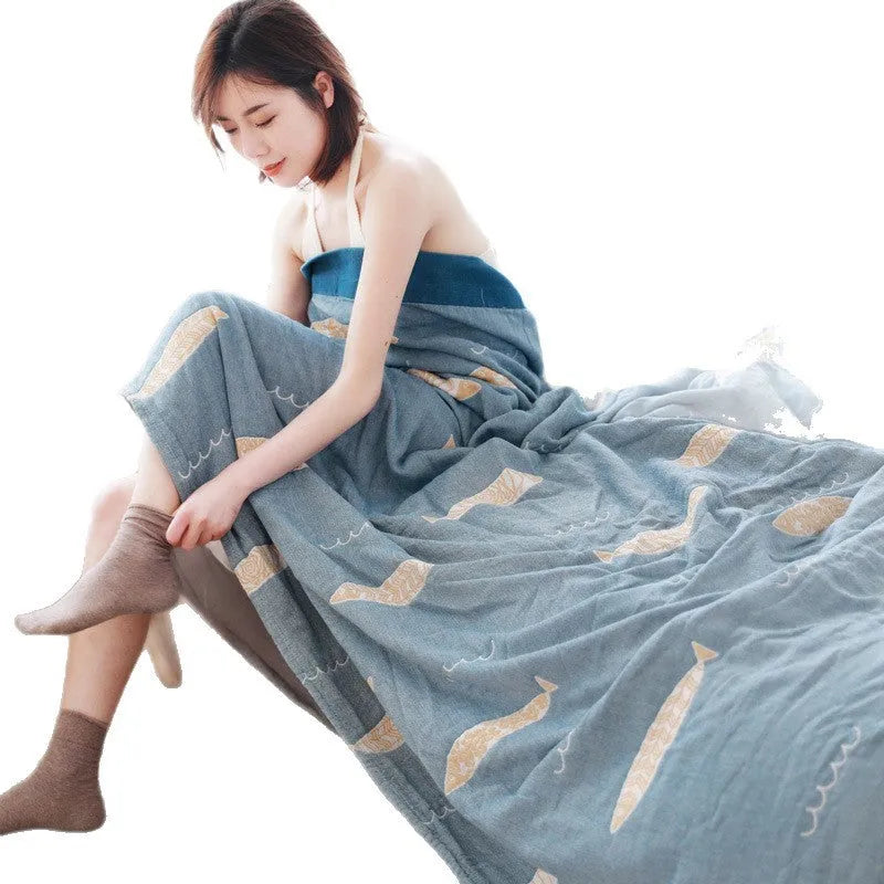 Five-layer cotton gauze bed sheet blanket in Roulette Wheel Blue pattern showing reactive dye printing detail