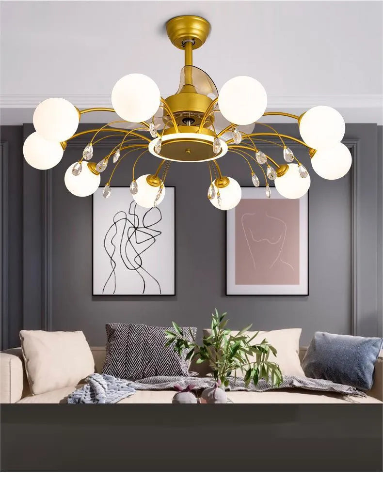 Ceiling fan lamp chandelier with metal blades and acrylic lampshade in living room setting