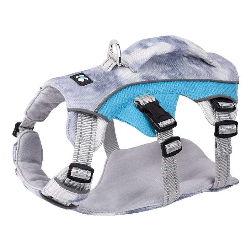 Reflective dog cooling chest strap in light blue, adjustable for walking safety